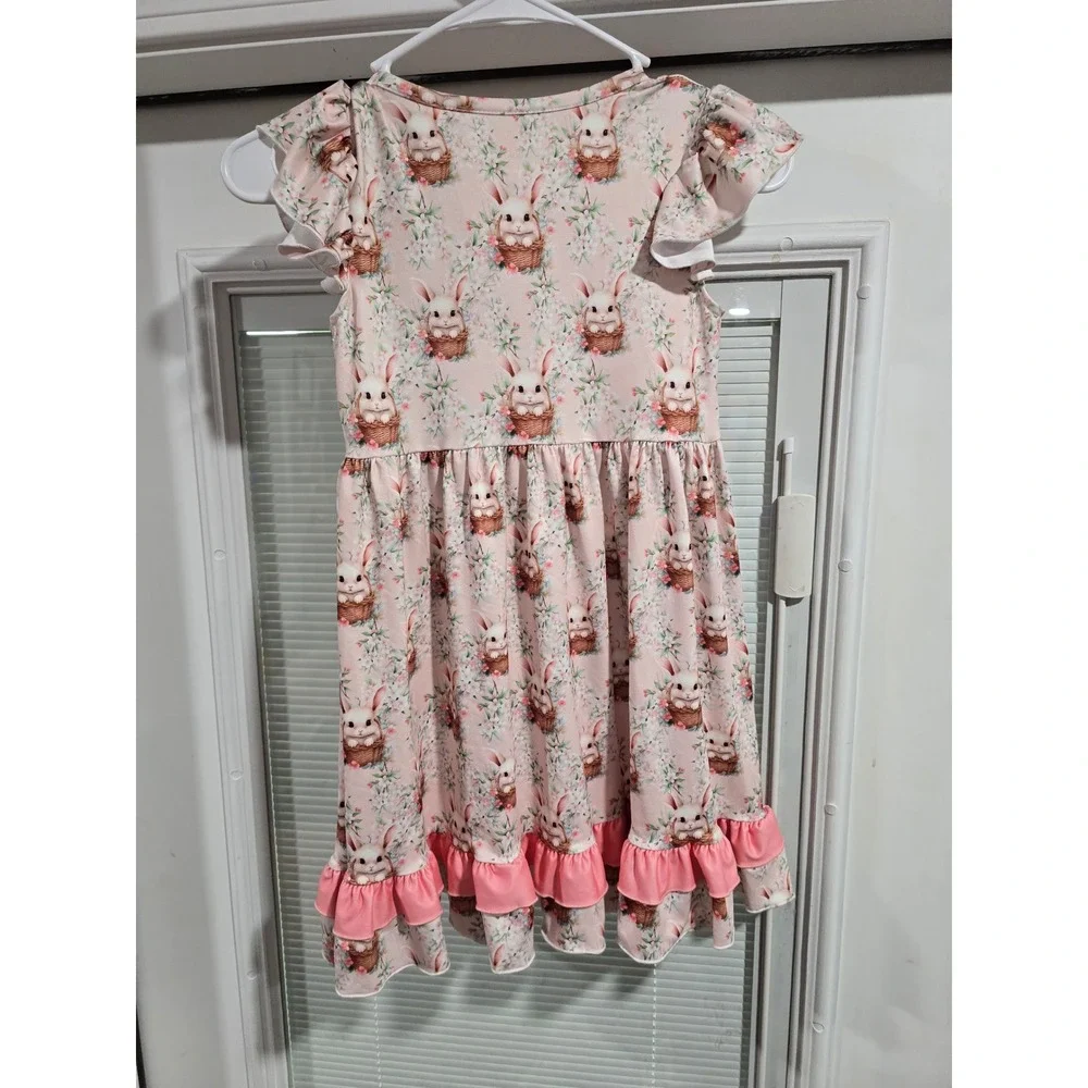 Pete + Lucy Girls Bunny Basket Flutter Sleeve Dress Pink Easter Size 6/6X NWT